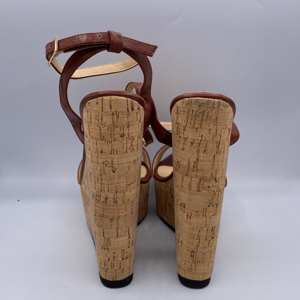 FSJ Tan Wedges Sandals Ankle Strap Slingback Open - Picture 7 of 11